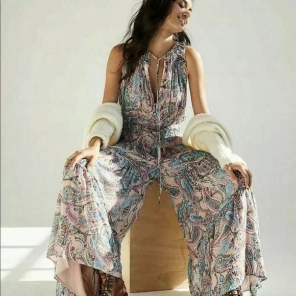 Free People Pants - Free People Gold Dust Jumpsuit Wide Leg Paisley Print Blue Nude Pink